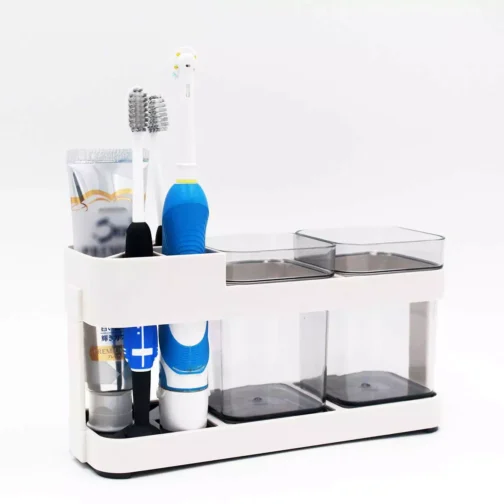 Toothbrush & Toothpaste Holder with 2 Cups - Bathroom Organizer