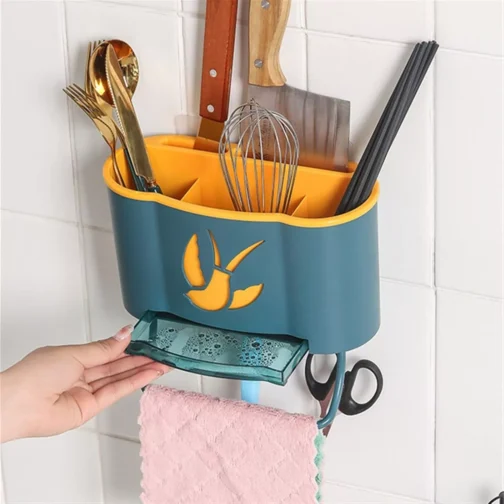 Wall-Mounted Kitchen Rack with Hooks & Towel Holder for Utensil Storage - Image 2