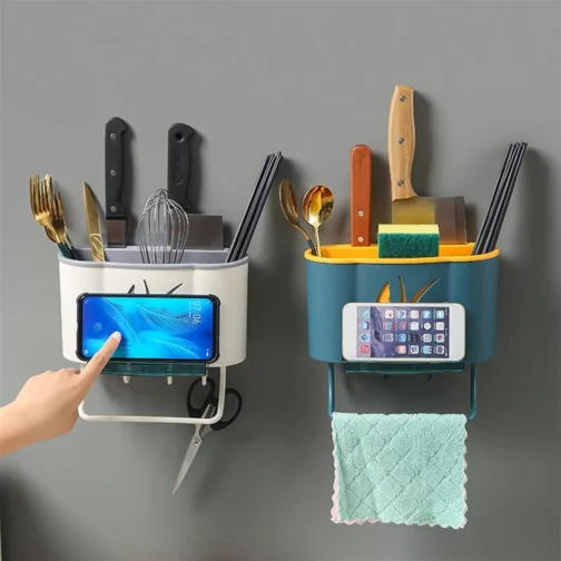 Wall-Mounted Kitchen Rack with Hooks & Towel Holder for Utensil Storage - Image 3