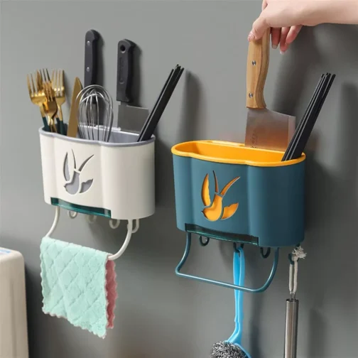 Wall-Mounted Kitchen Rack with Hooks & Towel Holder for Utensil Storage